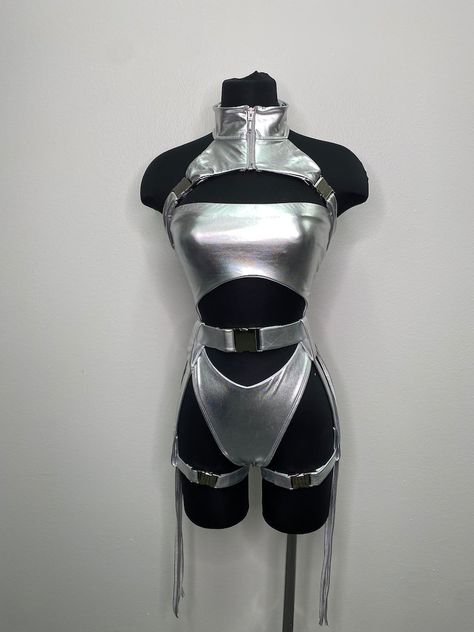 Rave Costume, Rave Outfit, Silver Bodysuit, Silver Swimsuit, Festival Outfit, Rave Bodysuit, Rave Clothing, Rave Swimsuit Buckles - Etsy Trio Rave Outfits, Alien Rave Costume, Metallic Rave Outfits, Silver Rave Outfit, Space Rave Outfit, Silver Festival Outfit, Alien Rave Outfit, Metallic Costume, Space Rave