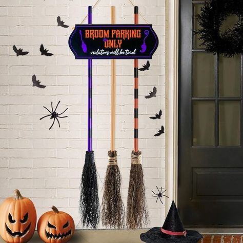 Amazon.com: Porch Halloween Decorations - Halloween Broom Parking Sign with 3 Wooden Witches Brooms Decor - Witches Decoration Sign for Home Indoor Outdoor Front Porch Wall Office : Home & Kitchen Front Porch Halloween Sign, Broom Parking Only, Hair Salon Halloween Decor, Halloween Front Porch Sign, Broom Parking Sign, Porch Halloween Decorations, Witches Brooms, Broom Parking, Porch Halloween