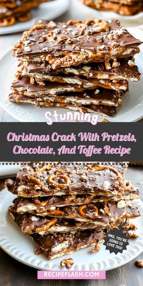 Indulge in the ultimate holiday treat with this Christmas Crack recipe featuring pretzels, rich chocolate, and buttery toffee. This delightful dessert combines sweet and salty flavors, making it perfect for festive gatherings. Easy to make and irresistibly delicious, it’s sure to become a seasonal favorite in your dessert lineup! Salty Christmas Treats, Pretzel Toffee Recipe, Christmas Toffee, Peppermint Pretzel, Pretzels Chocolate, Pretzel Desserts, Christmas Pretzels, Pretzel Toffee, Pretzel Treats