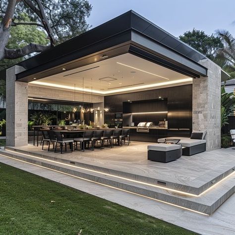 Modern Pool Gazebo, Outdoor Kitchen And Bar Design, Luxury Home Backyard, Outdoor Kitchen Luxury, Modern Outdoor House, Modern Home Backyard, Summer Kitchen Outdoor, Modern Summer House, Luxury Outdoor Living Space