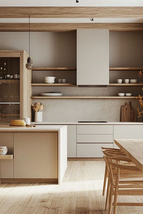 Use light and warm neutral palettes to create a cozy yet modern kitchen design. #NeutralKitchens #WarmTones #ModernInteriors Warm Neutral Kitchen, Neutral Kitchen Colors, Kitchen Color Ideas, Warm Whites, Neutral Kitchen, Stylish Kitchen, Cabinet Colors, Neutral Palette, Kitchen Colors