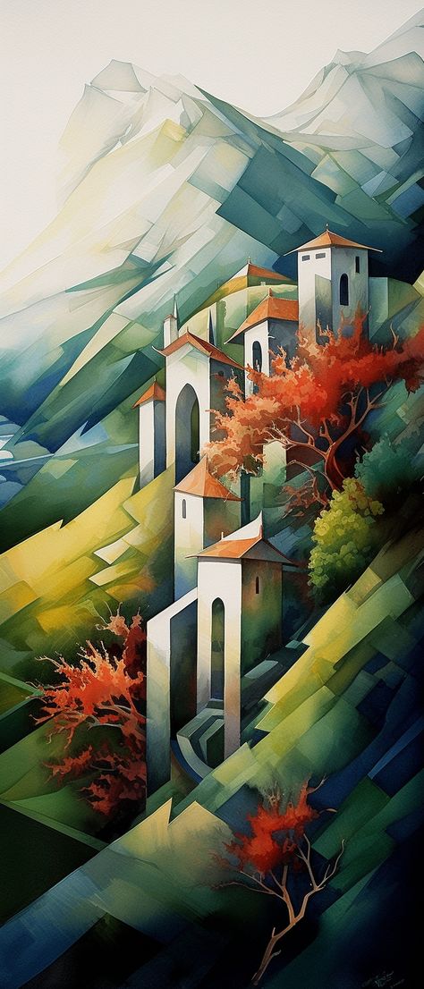 A watercolor painting of an old village with there in the background, in geometric cubism, colorful ink wash paintings, large canvas paintings, dark green and orange. Cubism Art Watercolor, Cubism In Architecture, Cubism Landscape, Paintings Large Canvas, Cubist Landscape, Smart Wallpaper, Paintings Dark, Old Village, Mountain Background