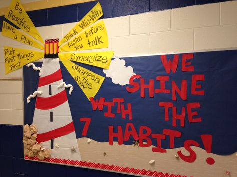 Leader In Me Bulletin Board Ideas School Hallways 7 Habits, Leader In Me Bulletin Board Ideas, Leader In Me Bulletin Boards Elementary, Leader In Me Bulletin Board 7 Habits, Lighthouse Bulletin Board, Leader In Me Bulletin Board, Lighthouse Theme, Nurses Office, Sunday School Decorations