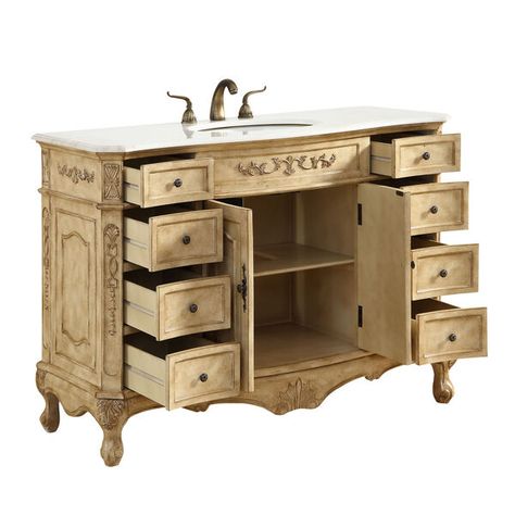 Shop Bellacor for Danville Antique Beige 48-Inch Vanity Sink Set by Elegant Lighting and other Bathroom Vanities for your home. Free shipping on most lighting, furniture and decor every day. Beige Cabinets, Vanity Set With Mirror, White Marble Countertops, Set Of Drawers, Sink Vanity, Office Bathroom, Wood Drawers, Bathroom Vanity Set, Undermount Sink