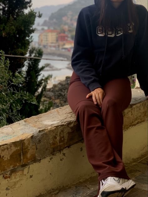 Nike Air Monarch Iv Outfit, Brown Flare Pants, Air Monarch Iv, Nike Air Monarch Iv, Obey Hoodie, Brown Flares, Nike Air Monarch, Sneakers Looks, Italy Aesthetic