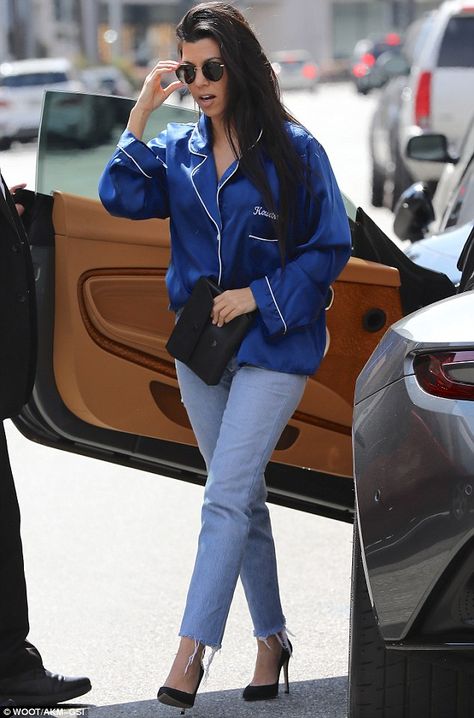 Kourtney Kardashian steps out in unbuttoned pyjama top | Daily Mail Online Pajama Shirt Outfit, Silky Top Outfit, Silky Outfit, Pajamas Shirt, Khloe Kardashian Photos, Kourtney Kardashian Style, Kardashians And Jenners, Pajama Fashion, Silky Top