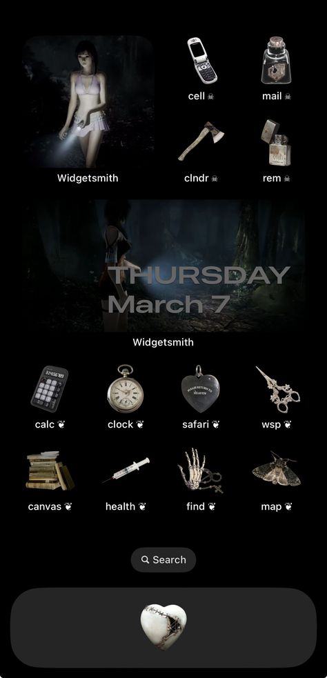 ios , grunge , widgets all icons on my acc Twilight Homescreen Layout, Deftones Phone Layout, Widget Set Up, Grunge Homescreen Ideas, Grunge Homescreen Layout, Grunge Phone Theme, Iphone Layout Cute, Goth Home Screen, Iphone 15 Home Screen Ideas