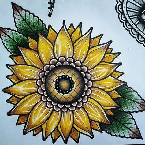 New School Sunflower Tattoo, Vintage Sunflower Tattoo, Old School Sunflower Tattoo, Old School Flower Tattoo Designs, Traditional Sunflower Tattoo, Old School Style Tattoo, Traditional Sunflower, Sunflower Mandala Tattoo, Mandala Arm Tattoo