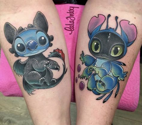 Stitch Halloween Tattoo Ideas, Angel And Stitch Tattoo Ideas, Stitch Sibling Tattoo, Stitch And Toothless Tattoo Ideas, Stitch Friendship Tattoo, Matching Stitch Tattoos For Best Friends, Toothless Stitch Tattoo, Matching Lilo And Stitch Tattoos, Stitch Best Friend Tattoos