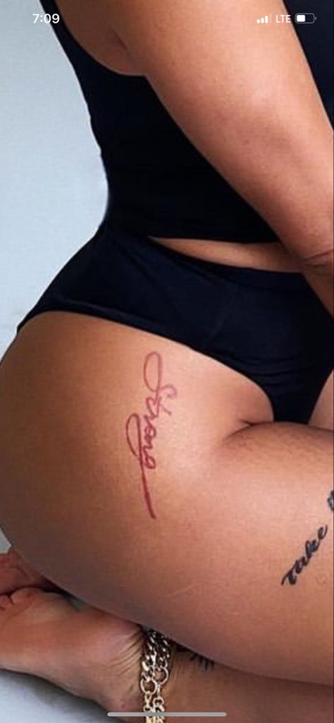 Small Thigh Tattoos Women Black, But Tattoos Black Women, Name Tattoo On Thigh, Name Tattoos Black Women, Hip Tattoo Black Women, Down The Side Tattoos Women, Sinful Tattoo, Small Tattoo Areas For Women, Hip Tattoos Women Medium Size