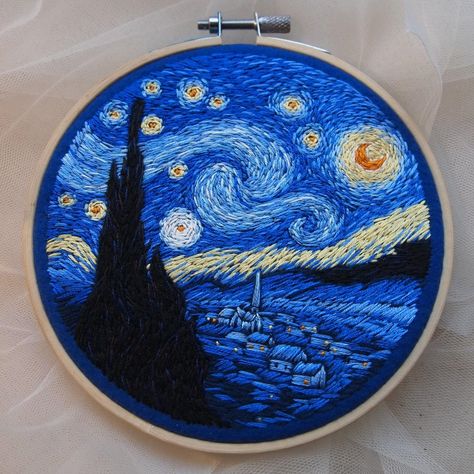 sosuperawesome:Embroidery Art DIY Kits and TutorialsBlooming Day Things on Etsy - Starry Night Embroidery, Van Gogh Embroidery, Night Embroidery, Embroidery Wall Decor, Vincent Van Gogh Starry Night, Needlecraft Patterns, Advanced Embroidery, Embroidery Wall, Arte Van Gogh