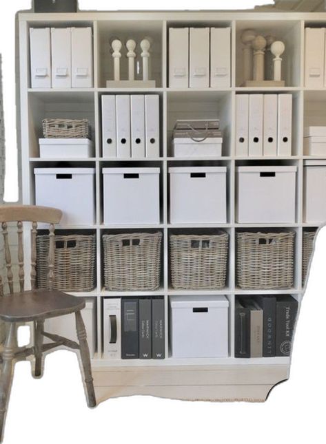 How To Store Binders In Office, Cube Storage Office Organization, Organizing A Small Office Space, Kallax Office Ideas, Kallax Home Office, Kallax Organization, Kallax Office, Home Office Organization Ideas, Small Office Storage