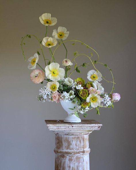 Hydrangea Floral Design, Asymmetrical Flower Arrangement, Asymmetrical Floral Arrangements, Akebia Vine, Compote Floral Arrangement, Asymmetrical Arrangement, Tree Arrangement, Tree Peonies, Icelandic Poppies