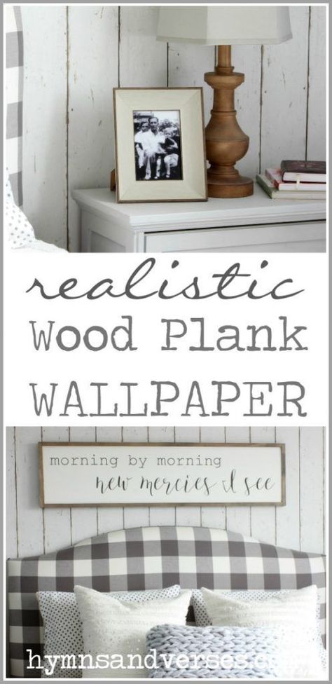 This looks like a wood plank wall, but it's actually wallpaper and is so realistic because it has texture and dimension! Read all about this wood wallpaper and how easy it is to apply! #wallpaper #woodwall #plankwall #shiplap #diy #bedroom #cottagestyle #farmhouse Holz Wallpaper, Wood Wallpaper Bedroom, Plank Wallpaper, Wood Plank Wallpaper, Farmhouse Wallpaper, Wood Plank Walls, Look Wallpaper, Farmhouse Remodel, Plank Walls