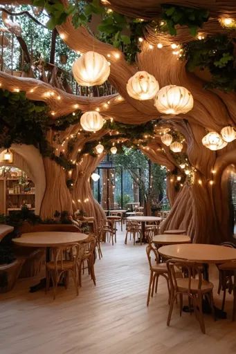 ↑↑↑ Larger size on website 🔸 The image shows a restaurant interior designed to resemble a forest. The ceiling is made of intricat 🔸 From Midjourney AI Image Wooden Tables And Chairs, Forest Restaurant, Forest Cafe, Bar Deco, Tea Lounge, Themed Cafes, Kindergarten Design, Magic Potion, Store Interiors