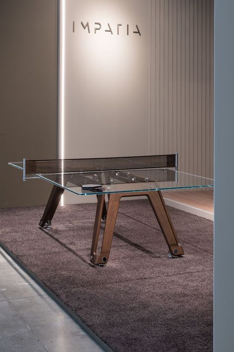 A contemporary Made in Italy ping pong table featuring a glass top and walnut wood legs Ping Pong Room, Table Tennis Room, Modern Game Room, Ping Pong Tables, Pong Table, Hospitality Projects, Mountain Home, Ping Pong Table, Table Tennis