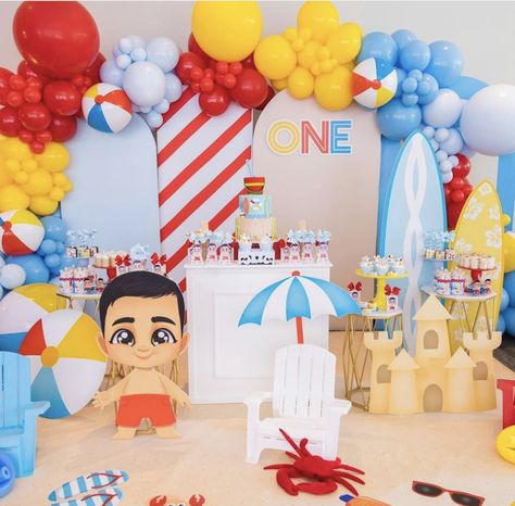 Pool Theme 1st Birthday, First Bday Pool Party, One Year Old Pool Party Ideas, 1st Birthday Boy Pool Party Ideas, Boy Pool Party, Pool Beach Party, Surf Birthday, Pool Party Themes, Pool Party Kids