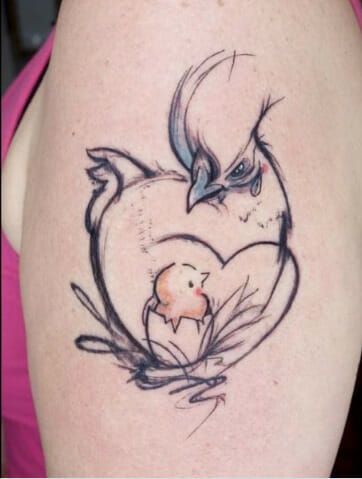 Mom & Chick Chicken Tattoo Chicken Feet Tattoo Ideas, Mom Bird Tattoo, Mother Hen Tattoo, Baby Chick Tattoo, Chicken Tattoos For Women, Chicken Tattoo Ideas, Chick Tattoo, Farmer Tattoo, Hen Tattoo