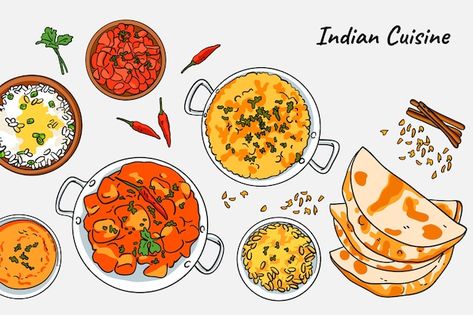 Hand drawn indian cuisine illustrations | Free Vector #Freepik #freevector #food-illustration #delicious #tasty-food #tasty Indian Food Art, Indian Food Illustration, Japanese Street Food Recipes, Finger Food Recipes For Toddlers, Samoan Food, Punjabi Cuisine, Tandoori Roti, Korean Street Food Recipes, Indian Street Food Recipes