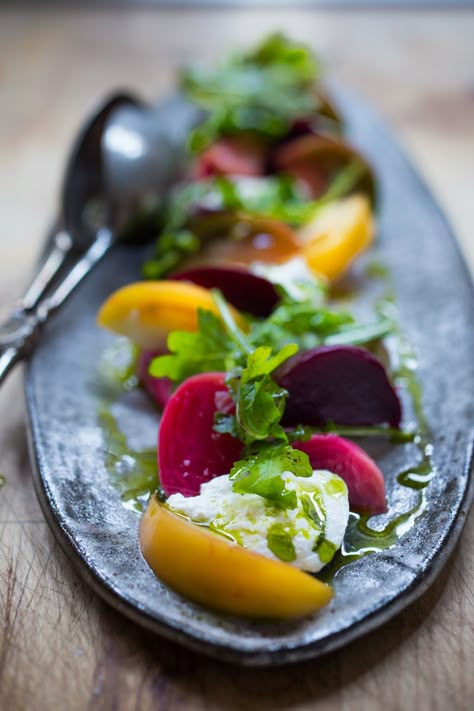 An Heirloom Tomato, Beet and Burrata Salad with flavorful Basil Oil -- a simple and delicious recipe, the perfect salad for summer! | www.feastingathome.com Starters Vegetarian, Burrata Recipe, Burrata Salad, Farmers Market Recipes, Basil Oil, Heirloom Tomato, Beet Salad, Heirloom Tomatoes, Healthy Salads