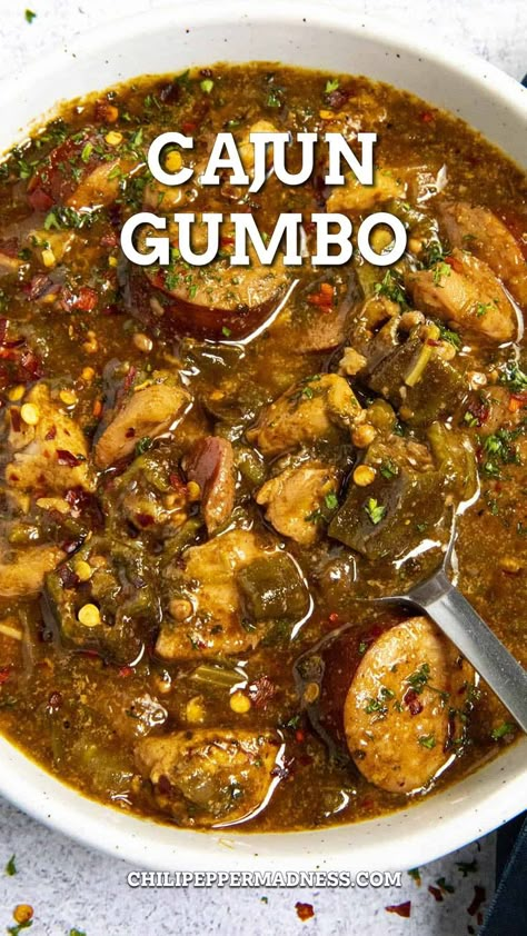 Cajun Chicken And Sausage Gumbo in a bowl Cajun Veggies, Spicy Gumbo Recipe, Gumbo Recipe Crockpot, Chicken And Sausage Gumbo Recipe, Spicy Gumbo, Cajun Chicken And Sausage, Sausage Gumbo Recipe, Chicken Andouille Sausage, Gumbo Recipe Easy