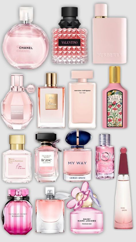 Pink perfumes Sweet Perfume, Perfume Organization, Popular Perfumes, Fragrances Perfume Woman, Pink Perfume, Perfume Body Spray, Perfume Collection Fragrance, Perfume Scents, Perfume Design