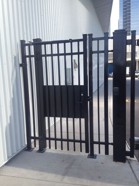 Panic Hardware with security lock, and hydraulic closer. Gate Lock Ideas Metal, Gate Lock Ideas, Gate Locks Outdoor, Outdoor Gate, Gate Designs, Gate Locks, Metal Gates, Security Lock, Lock Design