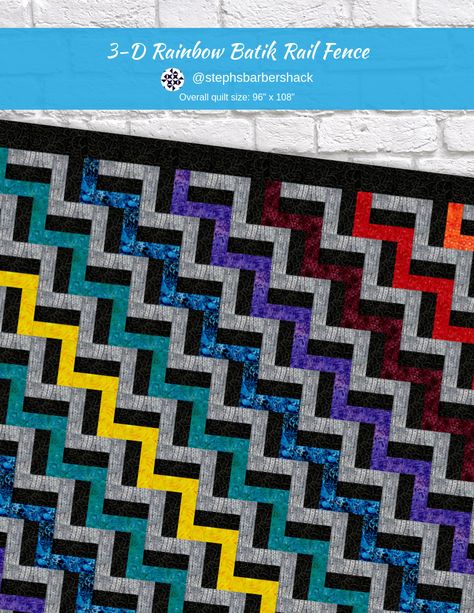 3-D Rainbow Batik Rail fence - custom quilt designed using PatternJam.com quilt designer Scrap Quilting, Fun Quilts, 3d Quilts, Easy Quilt, Batik Quilts, Rail Fence, Scrap Quilt Patterns, Scrap Quilt, Beginner Quilt Patterns