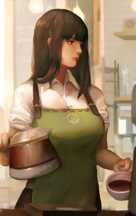 Black Eyes Black Hair, Apron Barista, Female Chef, Girl With Brown Hair, Eyes Black, Woman Illustration, Black Eyes, Manga Picture, Cafe Coffee