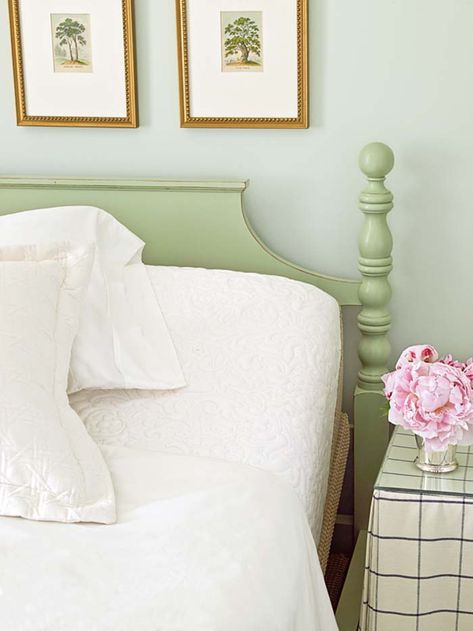 Colorful Beach House-Urban Grace Interiors-07-1 Kindesign Beach Guest Bedroom, Painted Wood Headboard, Painted Headboard, Beach House Room, Green Headboard, Colorful Headboard, Painted Beds, Diy Bed Frame, Wooden Headboard