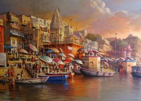 Varanasi paintings Varanasi Ghat Painting, Ganga Ghat Painting, Banaras Painting, Famous Acrylic Paintings, Varanasi Painting, Amit Bhar, Ghat Painting, Modern Indian Art Paintings, Banaras Ghat