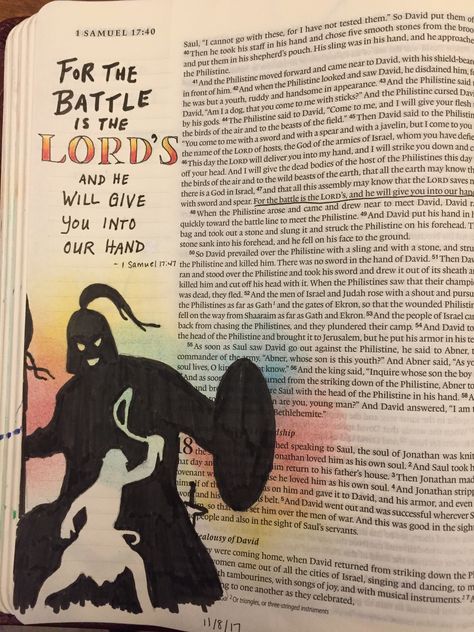 Bible Journaling 1 Samuel 17:47, David and Goliath. Pitt artist pen, distress inks, Prismacolor pencils 1 Samuel 17 Bible Journaling, Bible Illustrations Drawings, Bible Story Drawings, 1 Samuel Bible Journaling, Bible Study Art, Bible Story Art, Samuel Bible, David Bible, Samuel 17