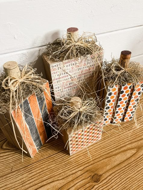 Easy DIY Pumpkin Blocks Using Scrapbook Paper Wood And Scrapbook Paper Crafts, Jenga Blocks Fall Crafts, Thanksgiving 2x4 Crafts Diy, How To Put Scrapbook Paper On Wood, 4 By 4 Wood Crafts, Fall Outdoor Wood Decor, Fall Scrapbook Paper Crafts, Fall Crafts Diy For The Home Front Porch, 2x4 Fall Crafts