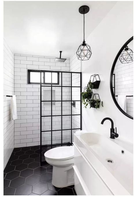 Bathroom Black And White Ideas, Shower Floor Tile Ideas Farmhouse, White Bathroom With Black Floor, Bathroom With Black Floor Tiles, Modular Bathroom Design, Bathroom Ideas Black Floor, Black And White Floor Bathroom, Black White And Grey Bathroom Ideas, Bathroom With Black Floor