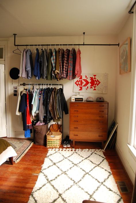 Kb & Bru's Playful Creative Space in Nashville | Apartment Therapy Diy Clothes Rack, Open Wardrobe, No Closet Solutions, Space Apartments, Open Closet, Clothes Hanging, Cat Stevens, Audio Engineer, Bilik Tidur