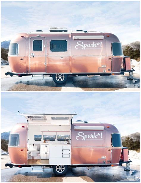 rosie airstream trailer - Meet Rosie: The 22-Foot Rose-Gold Airstream with a Built-in Tesla Charger – Explore Its Interior Concealed Tv, Tesla Charger, Automatic Shades, Airstream Caravans, Airstream Living, Airstream Travel Trailers, Airstream Campers, Rose Gold Kitchen, Airstream Interior