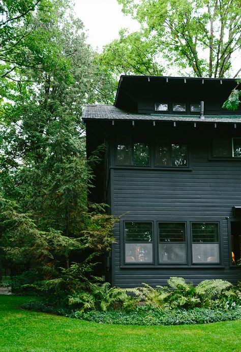 Painting the Cabin Dark Green - Deuce Cities Henhouse Dark Home Exterior, Mountain House Exterior, Cottage Exterior Colors, Home Designs Exterior, Black Houses, Dark House, Cottage Exterior, Lots Of Windows, Black House Exterior