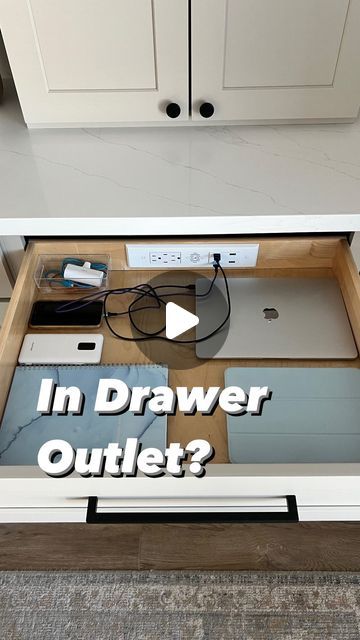 Technology Drawer Organization, Electronic Drawer Organization, Plugs In Drawers, In Drawer Outlet, Wood Trim Ideas, Drawer Outlet, Charging Drawer, Recessed Outlets, Docking Drawer