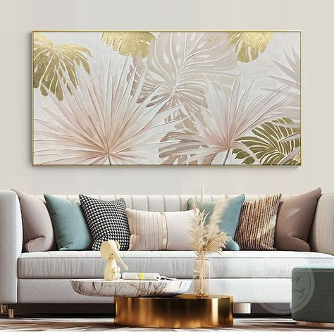 Golden Leaves Painting, Tree Leaf Painting, Texture Acrylic Painting, Palm Tree Leaf, Wall Art Gold Leaf, Gold Art Painting, Art Palette, Large Canvas Painting, Palm Tree Leaves