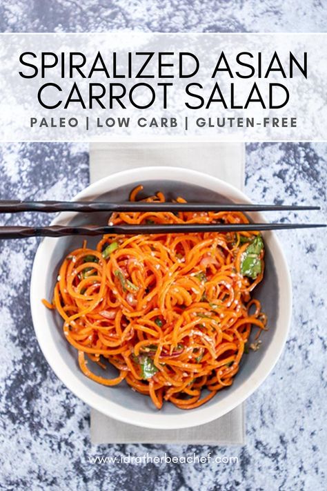 Bowl of Spiralized Asian Carrot Salad on a grey background with chopsticks. Spiral Carrot Recipes, Spiralized Carrot Recipes, Asian Carrot Salad, Spiral Vegetable Recipes, Lean Recipes, Carrot Dishes, Asian Salad Recipe, Salad Recipes Gluten Free, Summer Vegetarian Recipes