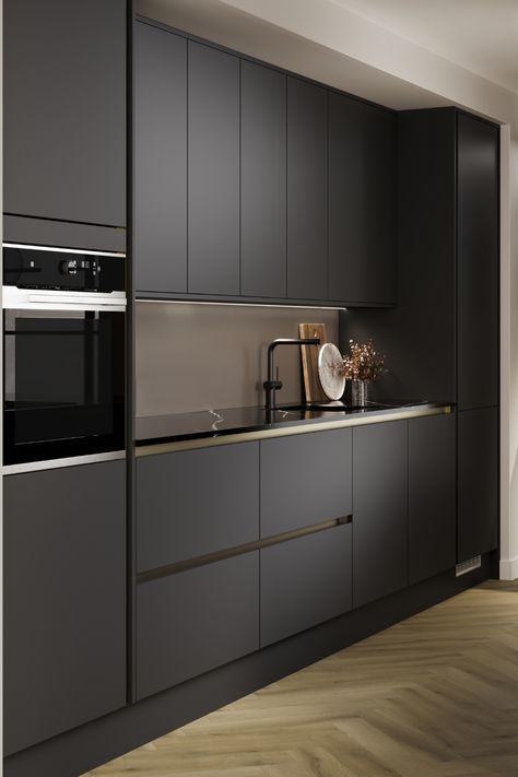 Kitchen Cabinets Without Handles, Dark Palette, Modern Black Kitchen, Matte Black Kitchen, Серая Кухня, Handleless Kitchen, Kabinet Dapur, Beige Kitchen, Black Kitchen Cabinets