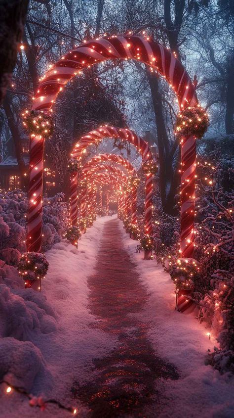 Stunning 8K Christmas wallpaper featuring a magical snow-covered pathway with illuminated candy cane arches. Perfect for your iPhone. Winter Iphone Background, Covered Pathway, Winter Backgrounds Iphone, Iphone Wallpaper 8k, Candy Cane Lane, Winter Iphone, Polar Bear Christmas, Winter Background, Winter Wonderland Christmas