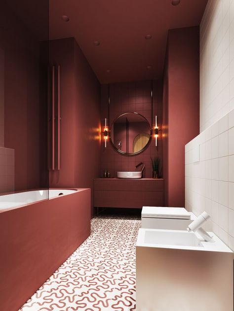 I don't hate this color scheme.....Burgundy bathroom Bilik Air, Bathroom Model, Interior Design Per La Casa, Bathroom Inspiration Modern, Bathroom Design Trends, Bathroom Red, Flooring Trends, Design Websites, Bathroom Inspiration Decor