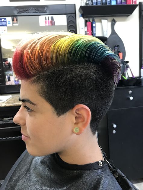 Rainbow faux hawk short hair Rainbow Mow Hawk, Rainbow Faux Hawk, Short Rainbow Hair Men, Rainbow Hair Color Short Pixie, Rainbow Hair Color Ideas For Short Hair, Dyed Short Hair Pixie, Short Hair Rainbow, Rainbow Pixie Hair, Rainbow Hair Color Short