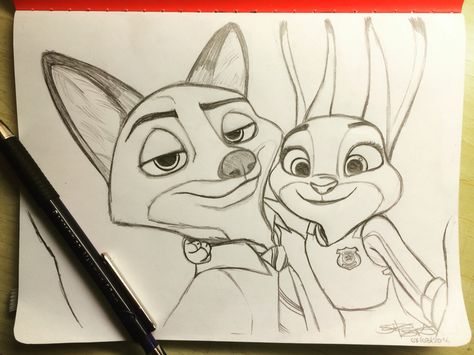 Zootopia Characters Drawings, Zootopia Nick And Judy Drawing, Zootopia Drawings Easy, Sketches Best Friends, Cartoon Sketches Disney, Sketch Ideas Disney, Sketch Ideas Cartoon, Zootopia Painting, Sketches Of Disney Characters