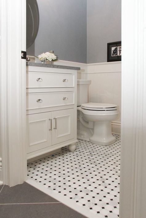 White Octagon with Black Dot Tile Bathroom Floor Honeycomb Tiles Bathroom, Octagon Tile Bathroom, White Tile Bathroom Floor, Black And White Bathroom Floor, Black Bathroom Floor, Penny Tiles Bathroom, Tile Bathroom Floor, Hexagon Tile Bathroom, Black And White Tiles Bathroom