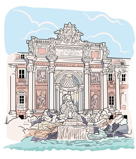 Fountain In Rome, Italy Watercolor, Trevi Fountain Rome, Rome Travel Guide, Travel Sketchbook, Classic Villa, Watercolor Architecture, Watercolour Inspiration, Travel Sketches