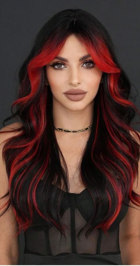 Black Hair Red Front Pieces, Jet Black Hair With Red Highlights, Vampire Hair Color, Red N Black Hair, Red Hair With Black Underneath, Black Hair With Red Front Pieces, Red And Black Highlights, Red Hair Color Ideas For Brunettes, Red And Black Layered Hair