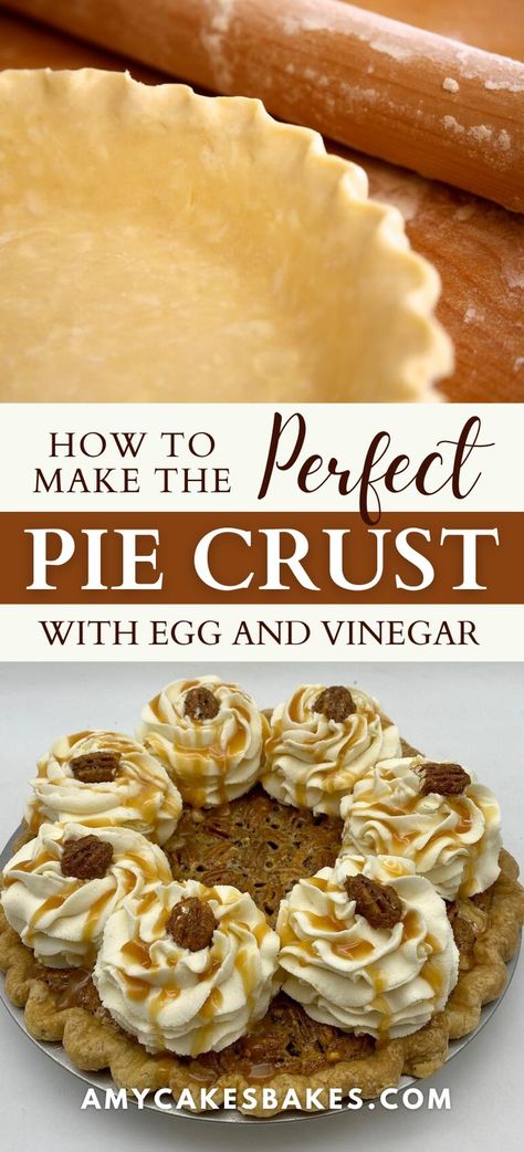 This easy-to-make Pie Crust is flexible and pliable when rolling out. It creates a tender, flaky crust. This pie crust with egg and vinegar comes out so tender and flaky, perfect for making pumpkin pies and other holiday desserts. Pie Crust With Egg, Pie Crust With Vinegar, Pie Crust Recipe With Vinegar, Vinegar Pie, Perfect Flaky Pie Crust, Pie Crust Uses, Angel Food Cake Desserts, Flaky Pie Crust Recipe, Egg Pie