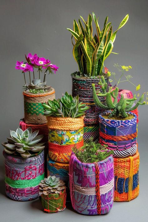 DIY Planters: Upcycling Items Around Your Home Diy Plant Basket Planters, Burlap Planters Diy, Plant Pot Diy Recycle, Eclectic Plant Pots, Upcycle Ideas For The Home, Upcycle Plastic Planters, Upcycled Garden Planters, Recycled Planters Ideas, Decorate Pots For Plants